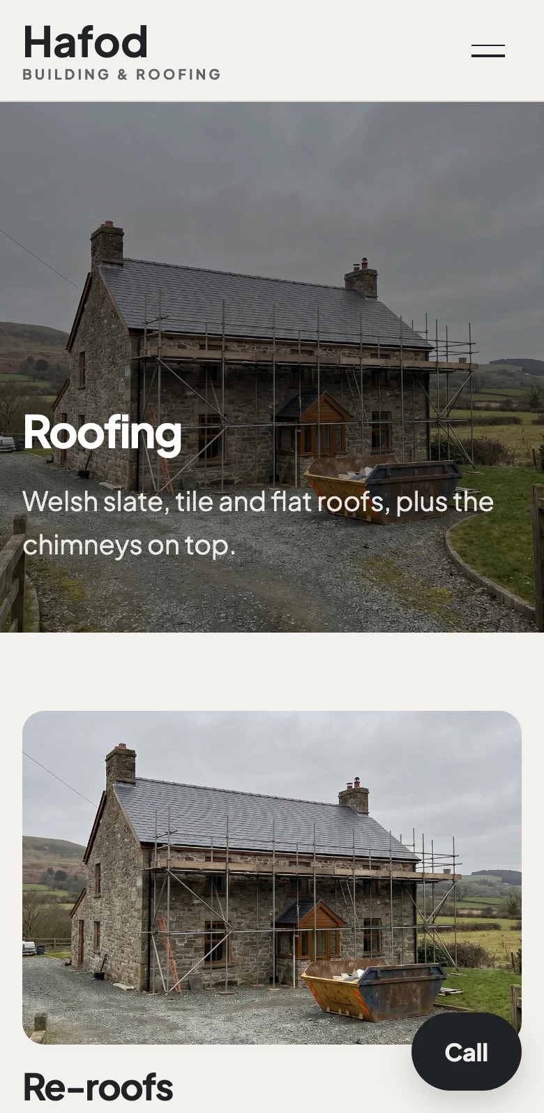 The roofing section of the sample builder site, on a phone