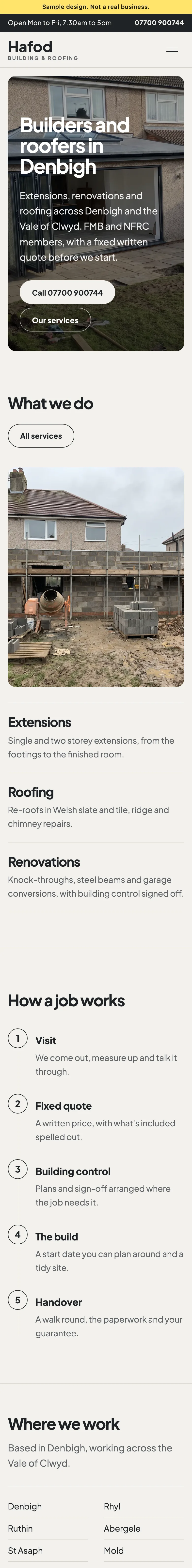Example builder and roofer (sample design) website from Denbigh, on a phone