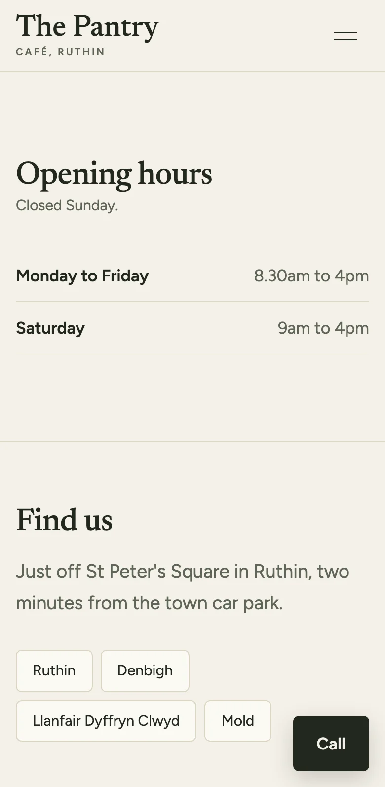 Opening hours and directions on the sample café site, on a phone