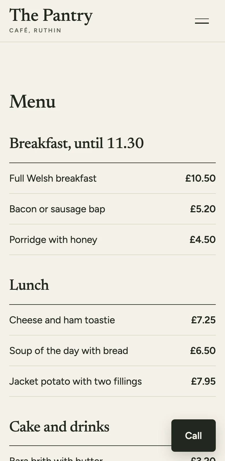 The menu on the sample café site, on a phone