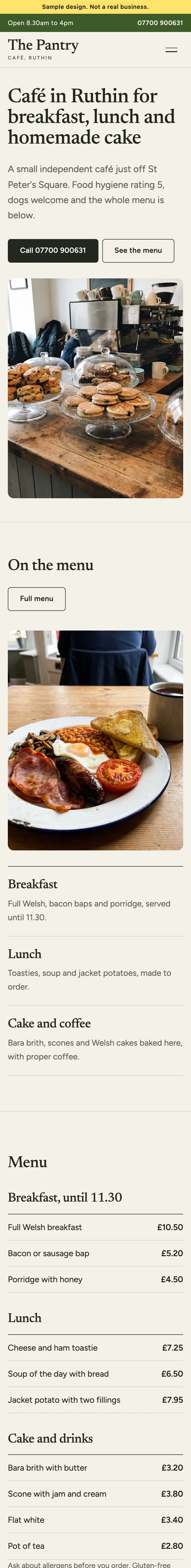 Example café (sample design) website from Ruthin, on a phone