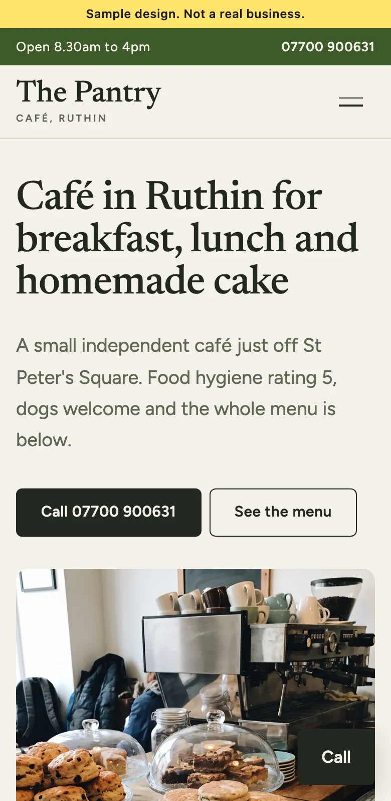 The top of the sample café site on a phone