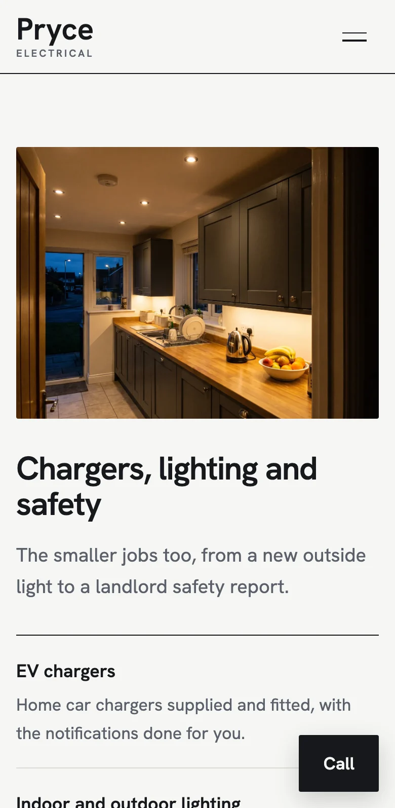 The services page of the sample electrician site, on a phone