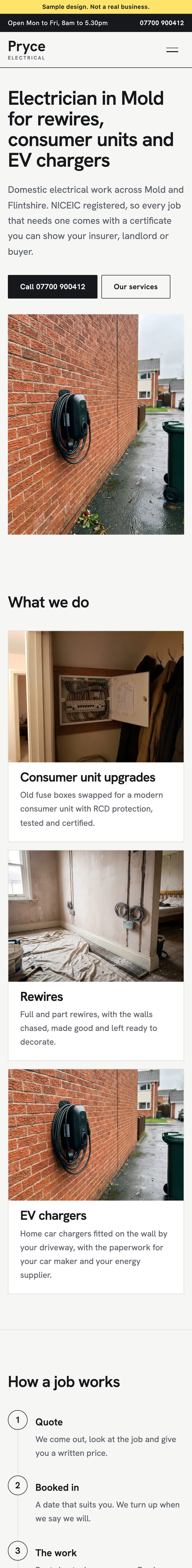 Example electrician (sample design) website from Mold, on a phone