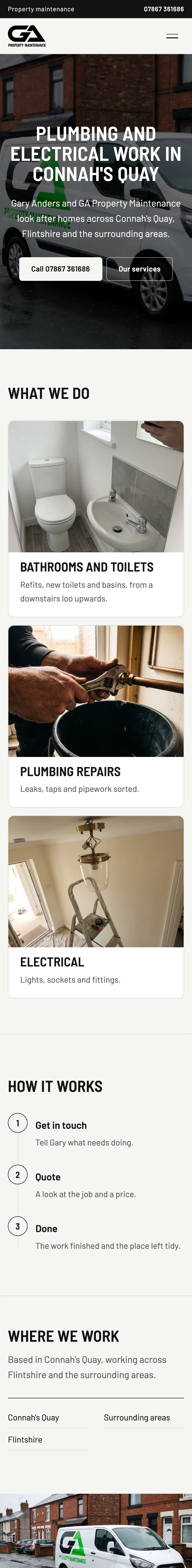Example plumbing and electrical website from Connah’s Quay, on a phone