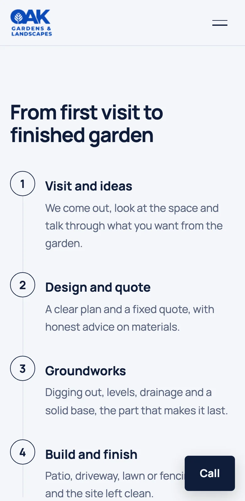 The example landscaper site explaining how a job runs, on a phone