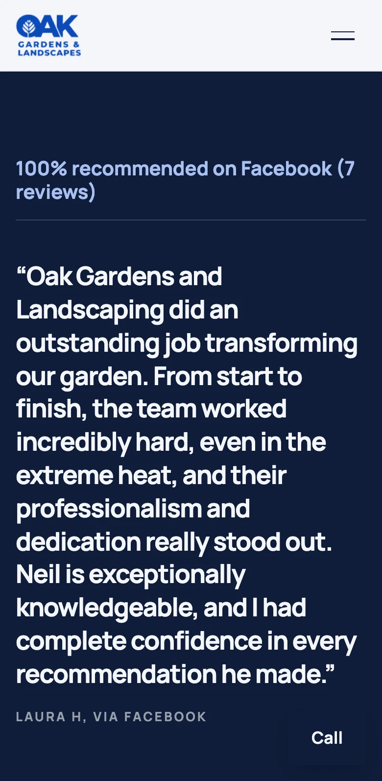 A Facebook review on the example landscaper site, on a phone
