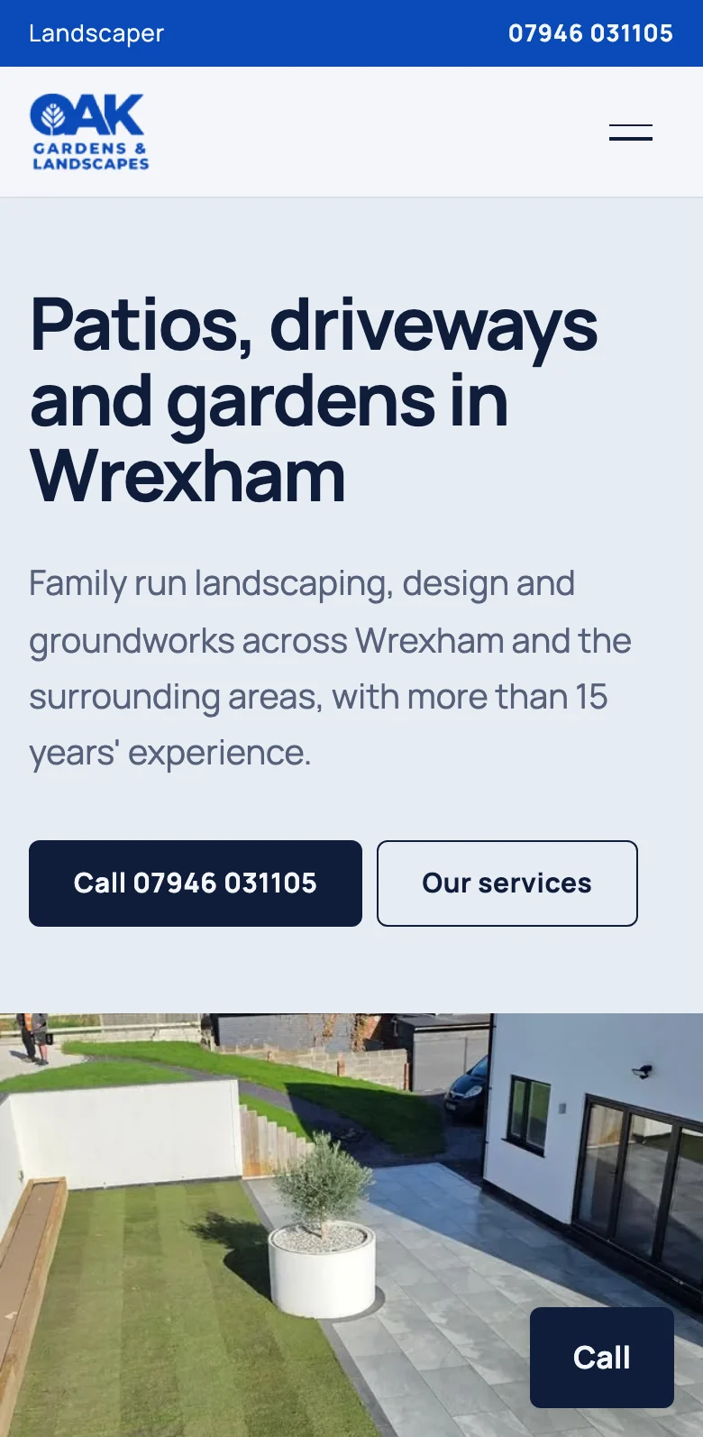 The top of the example landscaper site on a phone