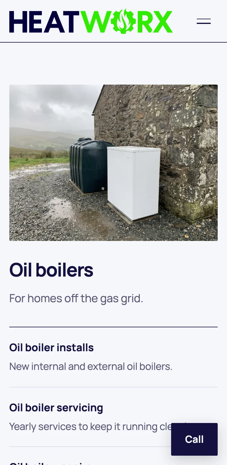 The oil boiler section of the Heatworx site, on a phone