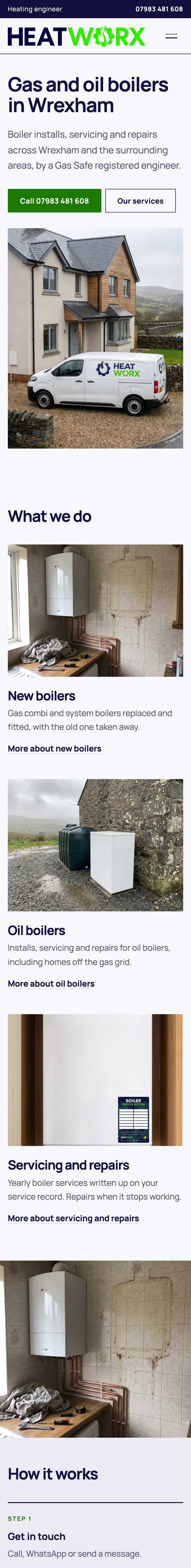 Example gas and oil boilers website from Wrexham, on a phone