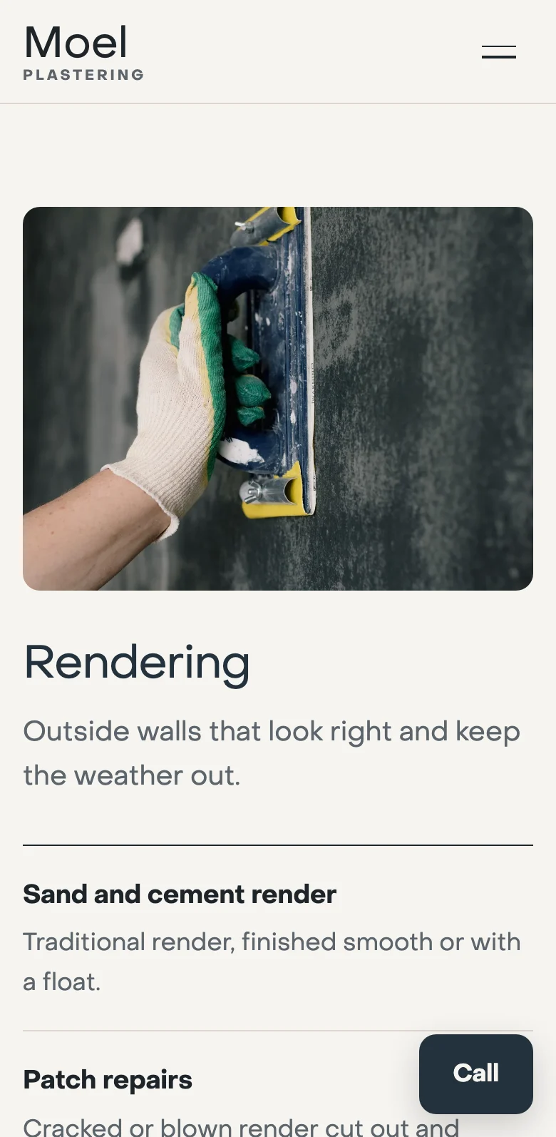 The rendering section of the sample plasterer site, on a phone