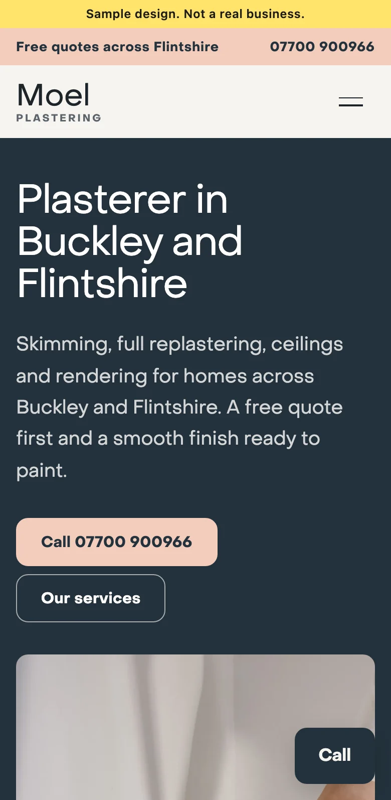 The top of the sample plasterer site on a phone