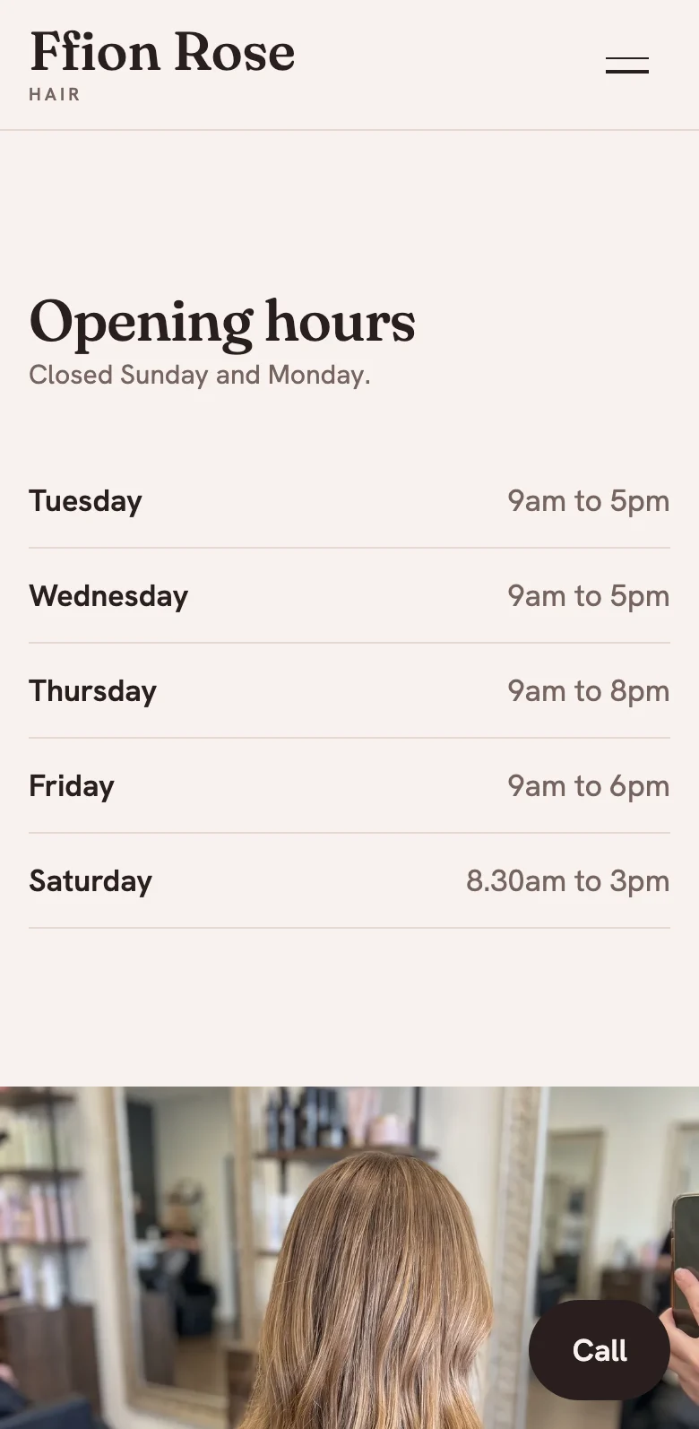 Opening hours on the sample salon site, on a phone