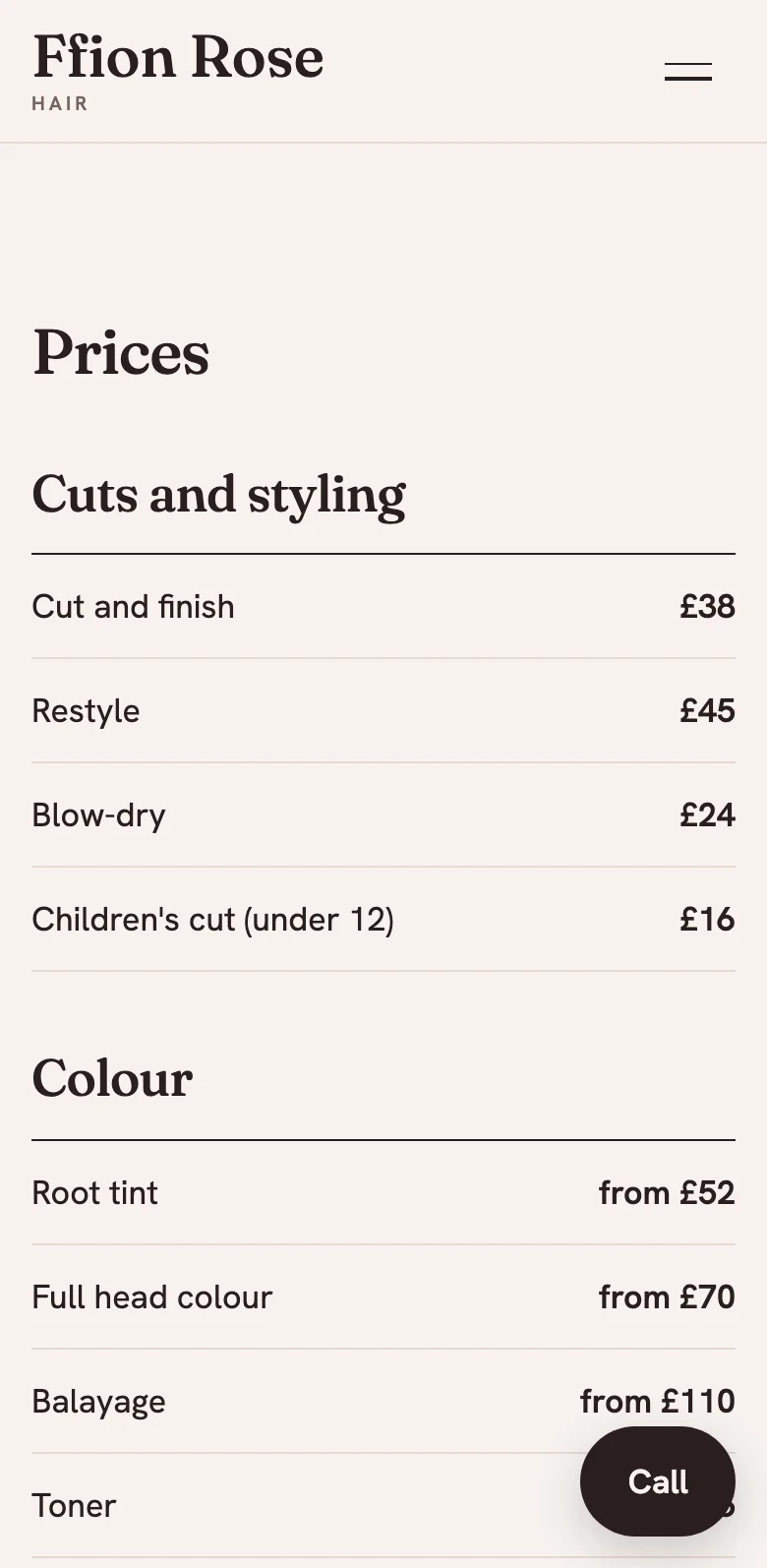 The price list on the sample salon site, on a phone