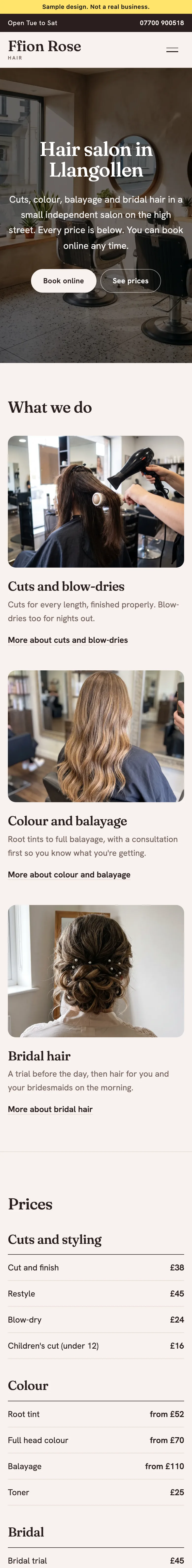 Example hair salon (sample design) website from Llangollen, on a phone