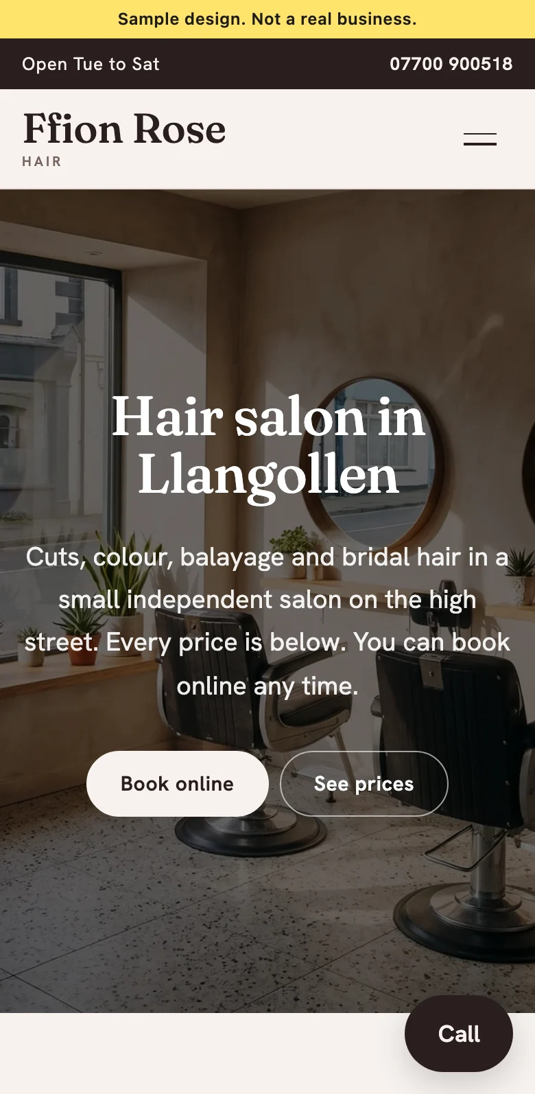 The top of the sample salon site on a phone