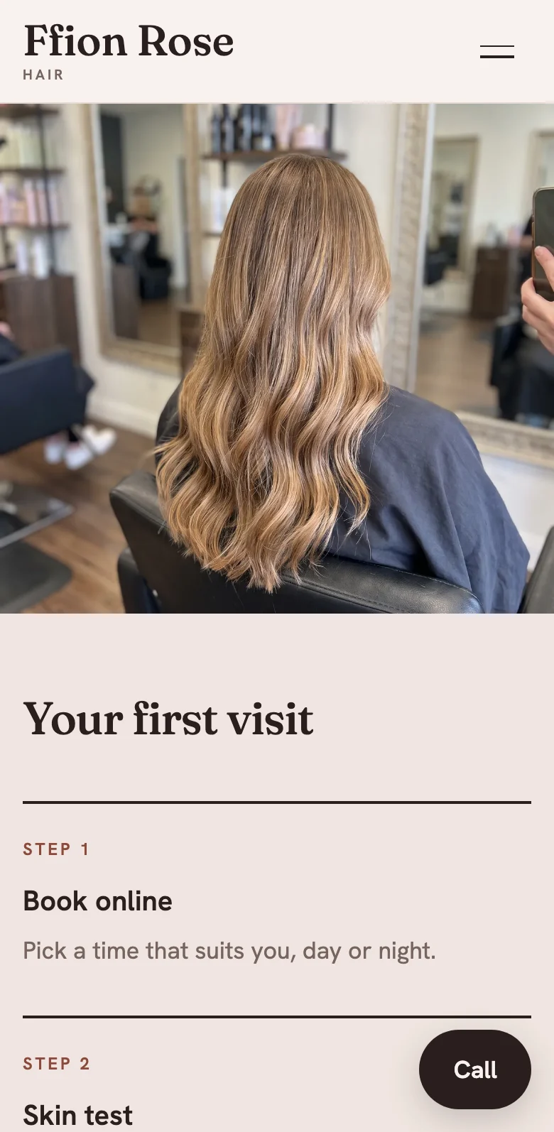 The first visit steps on the sample salon site, on a phone