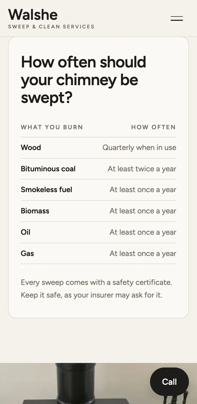 A table on the example site of how often to sweep for each fuel, on a phone