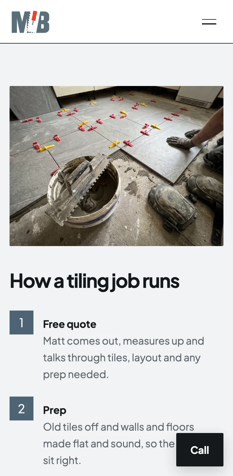 The example tiler site explaining how a tiling job runs, on a phone