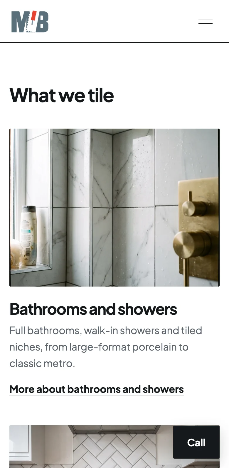 The example tiler site listing what he tiles, on a phone